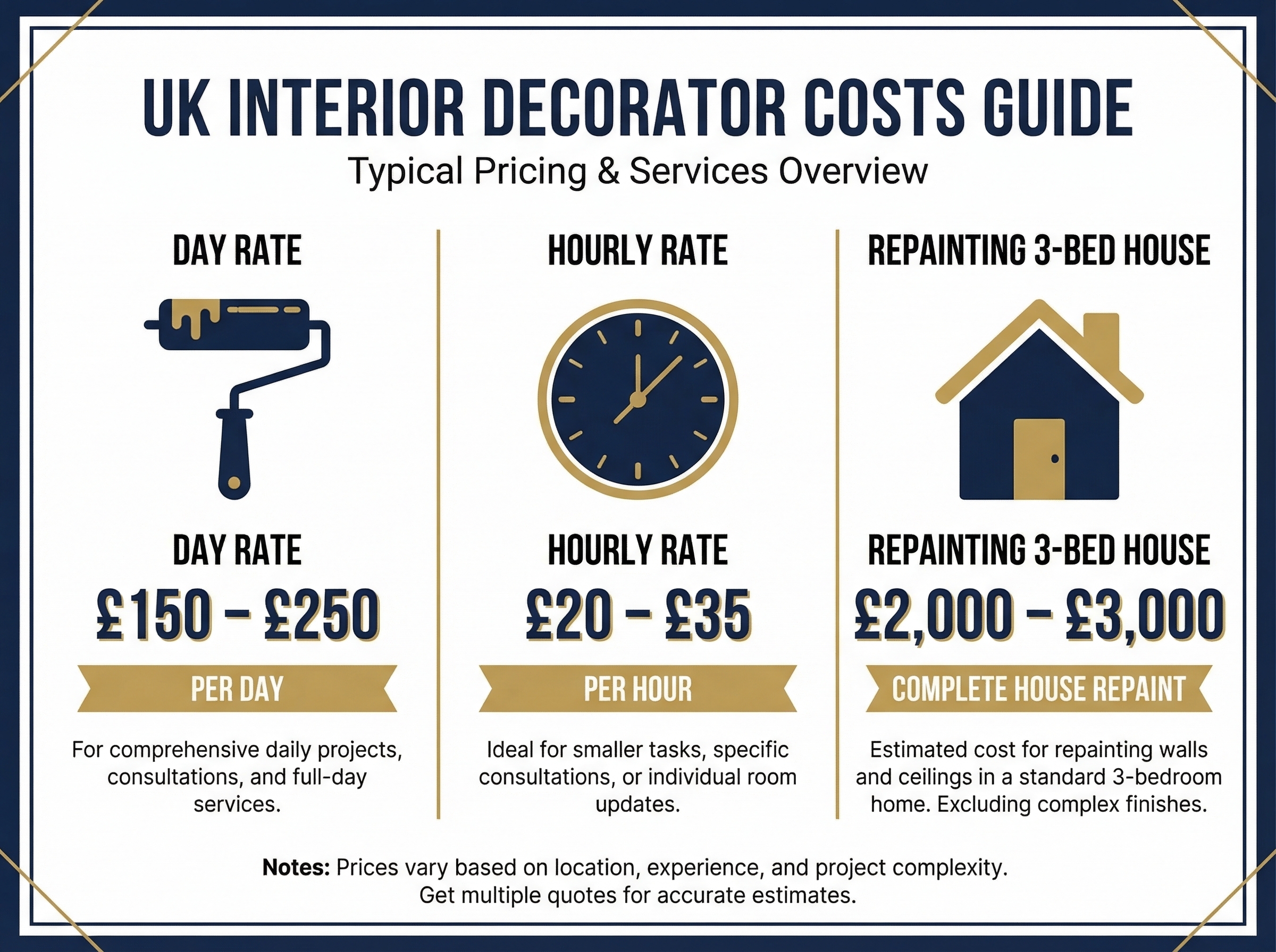 Infographic showing interior decorator costs in the UK including £150–£250 day rate and £2,000–£3,000 for a 3-bed house repaint